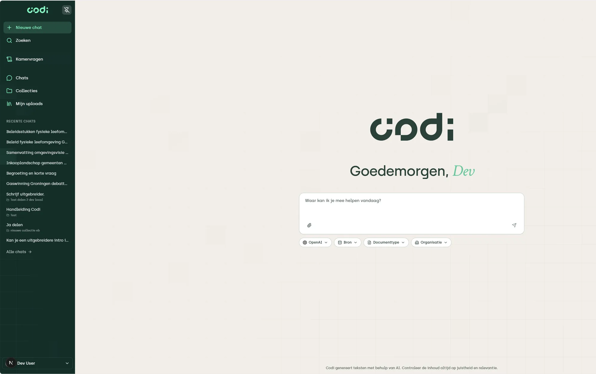 Screenshot van de Codi-app
